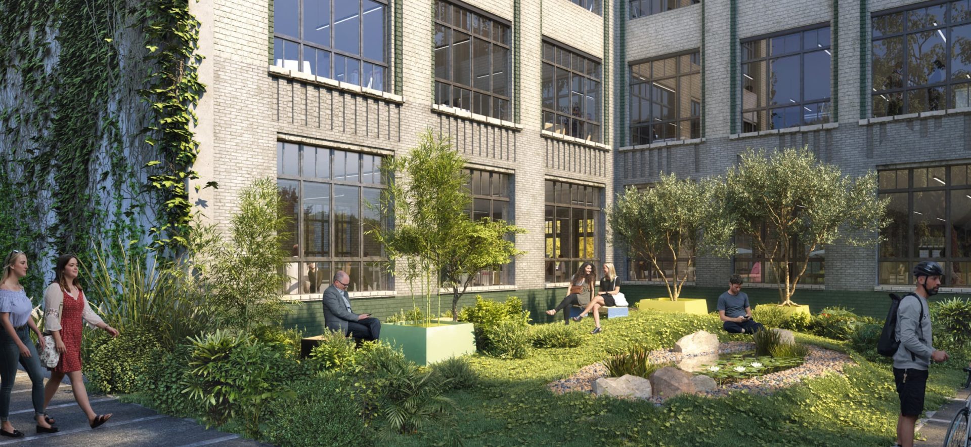 Clinker brick façade of a commercial building with a view of the sky