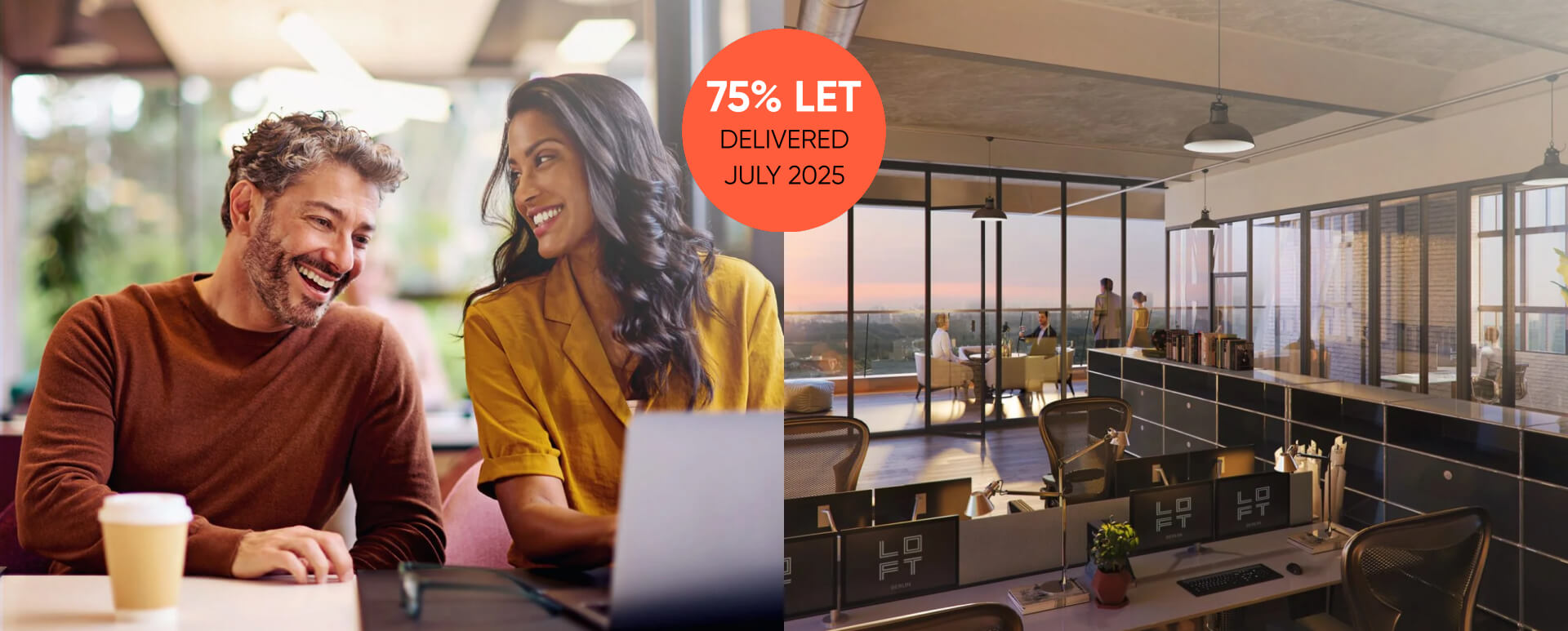 Two people sit at a table with a laptop and coffee cup, in the background a modern office with large windows and several workstations.