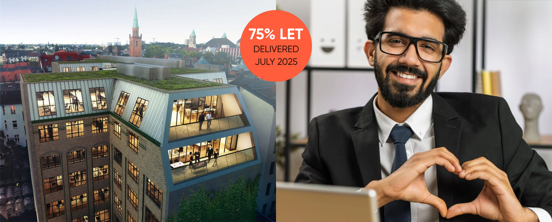 Modern office building with large windows and city view at dusk; next to it a man in a suit forming a heart with his hands.