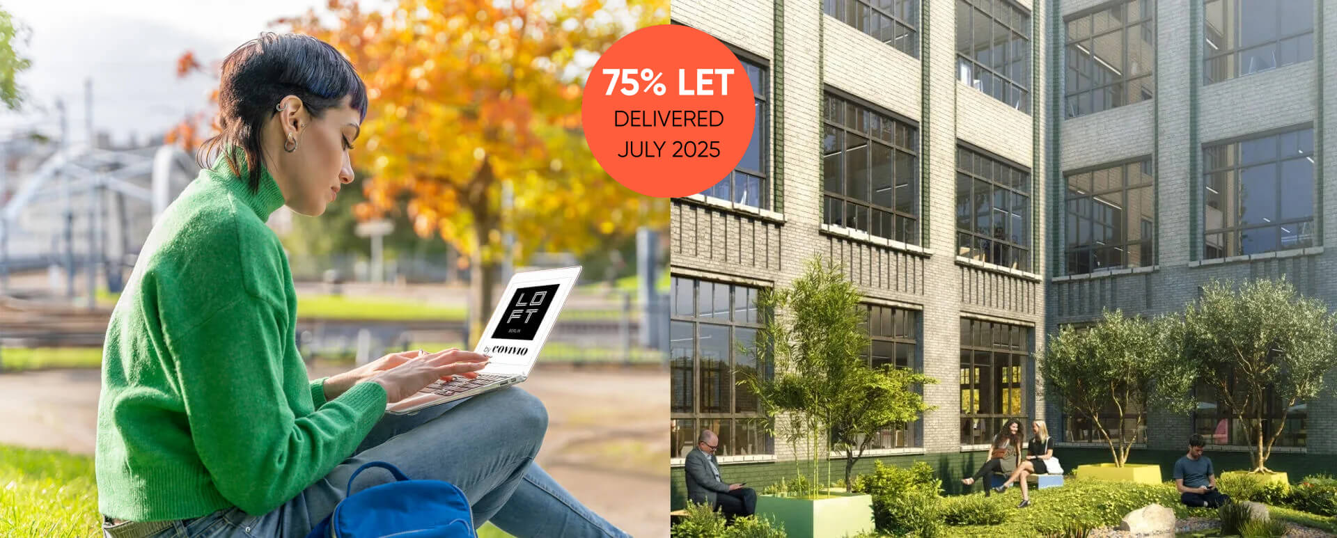Person in a green jumper sitting on a bench outside and working on a laptop labelled 'LOFT'. In the background, a building with several people on a green terrace.